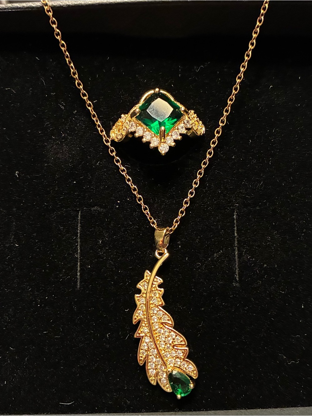 Gold-Tone Women's 3 pc Necklace Set with Emerald Green Gemstones
